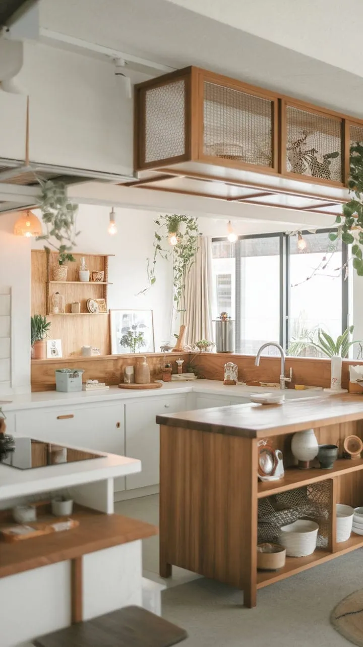 Bathed in light, this airy Japandi kitchen harmoniously blends white cabinetry with a warm wooden island, creating a serene, modern space that invites community and connection.