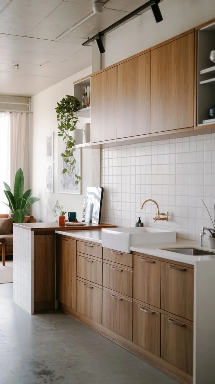 This Japandi kitchen harmoniously blends minimalist design with organic warmth, creating a serene space that invites tranquility and seamlessly connects to the living area.