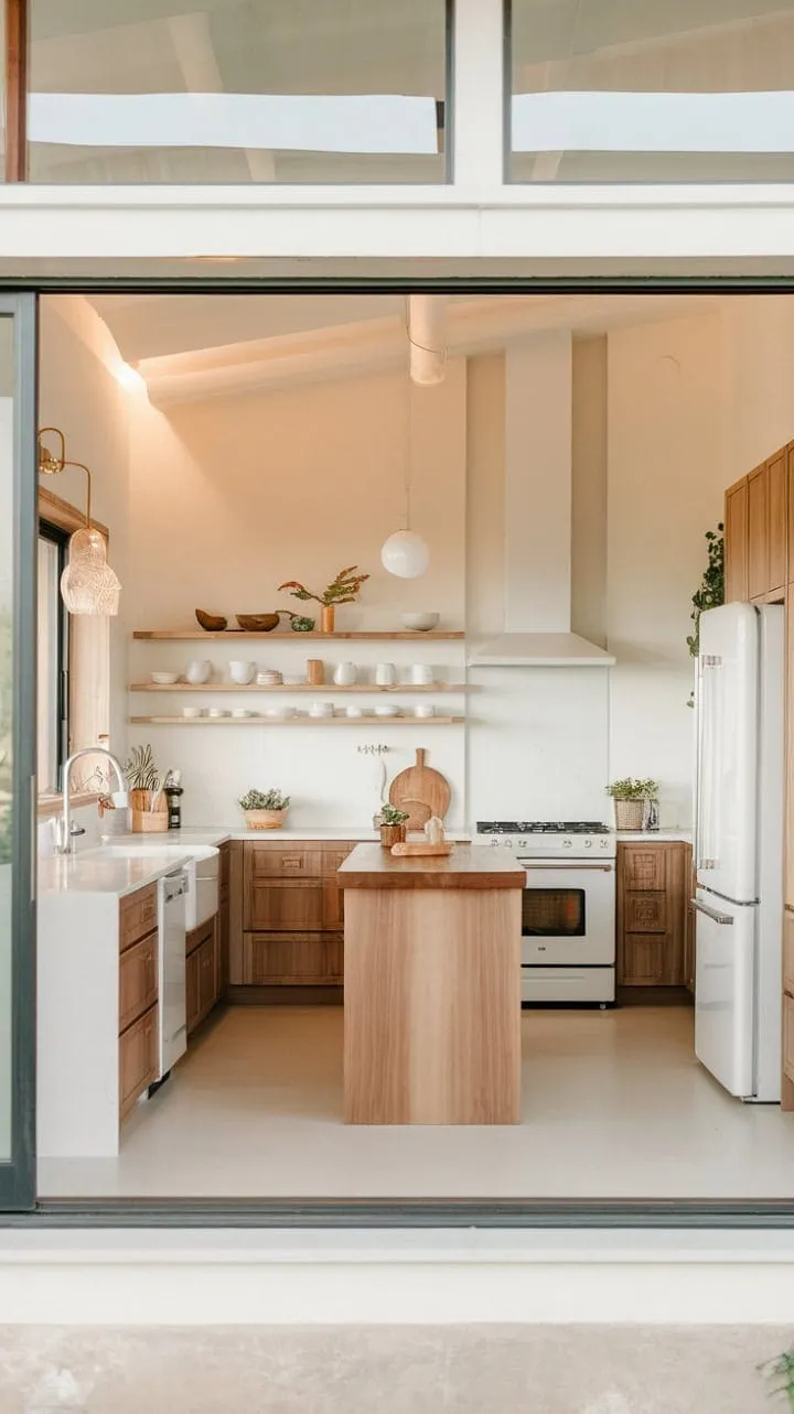 This serene Japandi kitchen harmoniously combines natural wood and crisp white lines, creating an elegant sanctuary for mindful cooking and effortless entertaining.