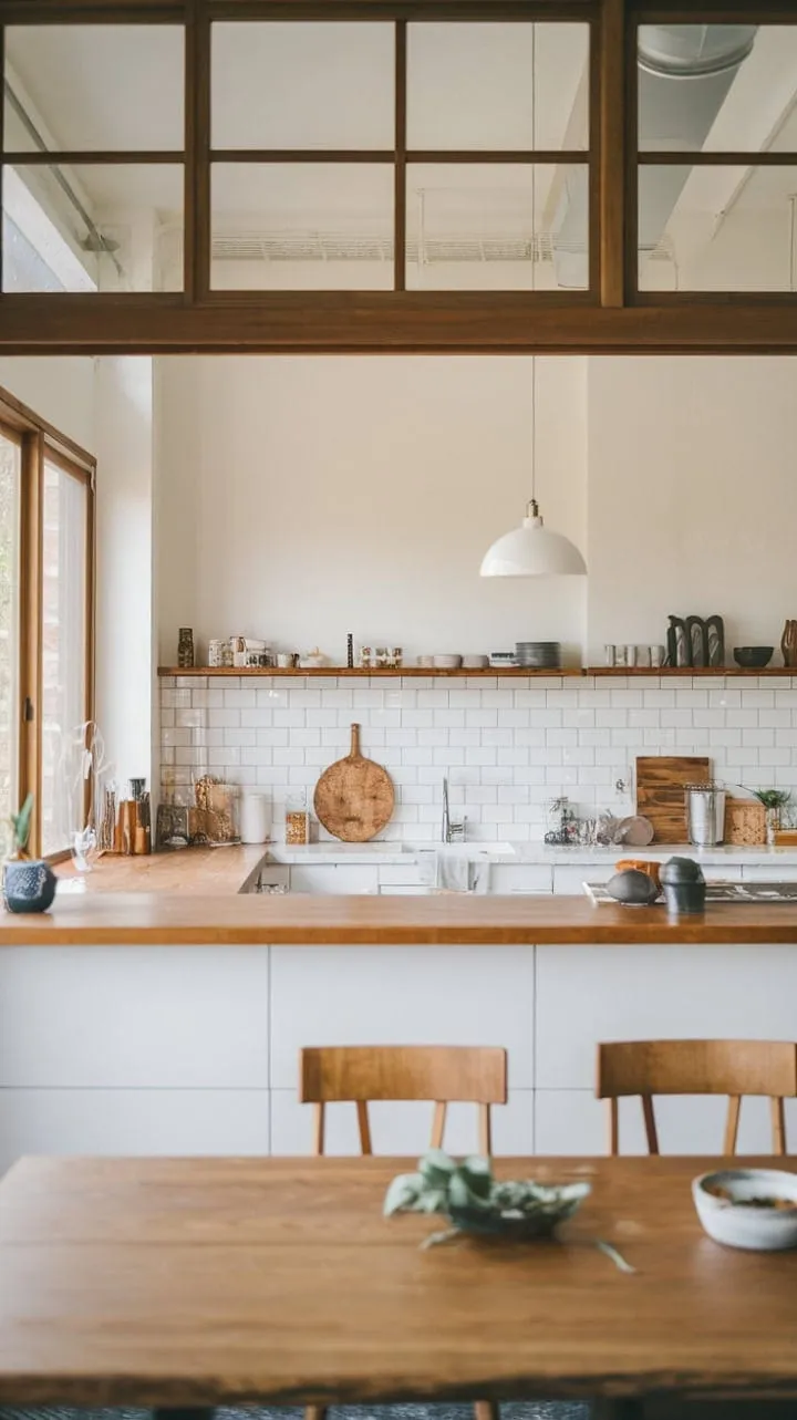 Bathed in natural light, this Japandi-inspired kitchen blends warm wood and minimalist design for a stylish yet functional gathering space that embodies understated luxury.