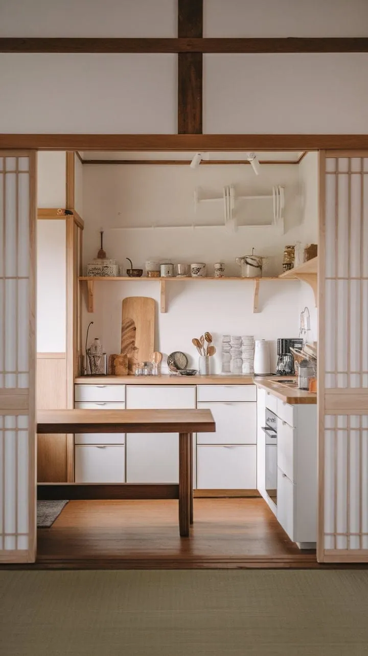 This open kitchen harmoniously fuses modern functionality with the serene elegance of Japanese and Korean design, inviting connection through its natural wood tones and communal central table.