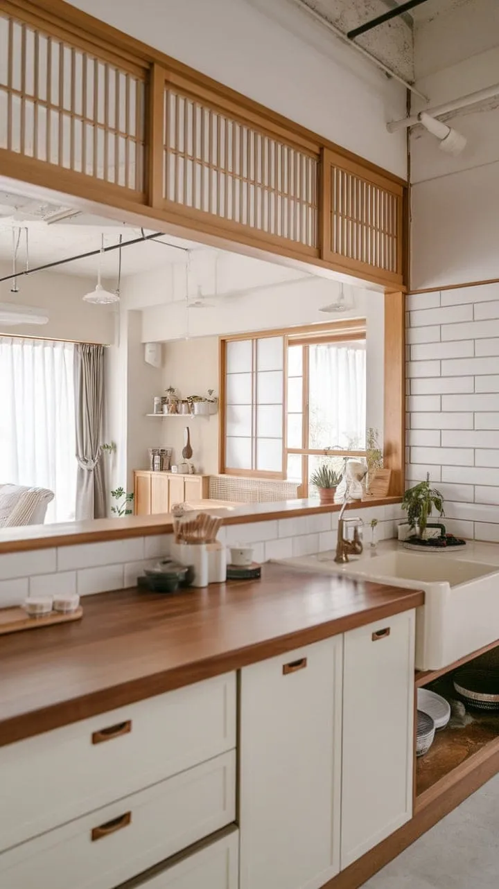 This kitchen masterfully fuses Korean and Japanese design in a serene Japandi style, creating a modern sanctuary that balances striking aesthetics with soothing tranquility.