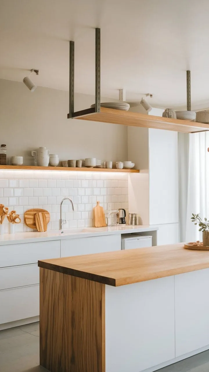 In this serene Japandi kitchen, natural wood and crisp white cabinetry harmonize under abundant light, creating a calming minimalist space centered around a beautifully designed island.