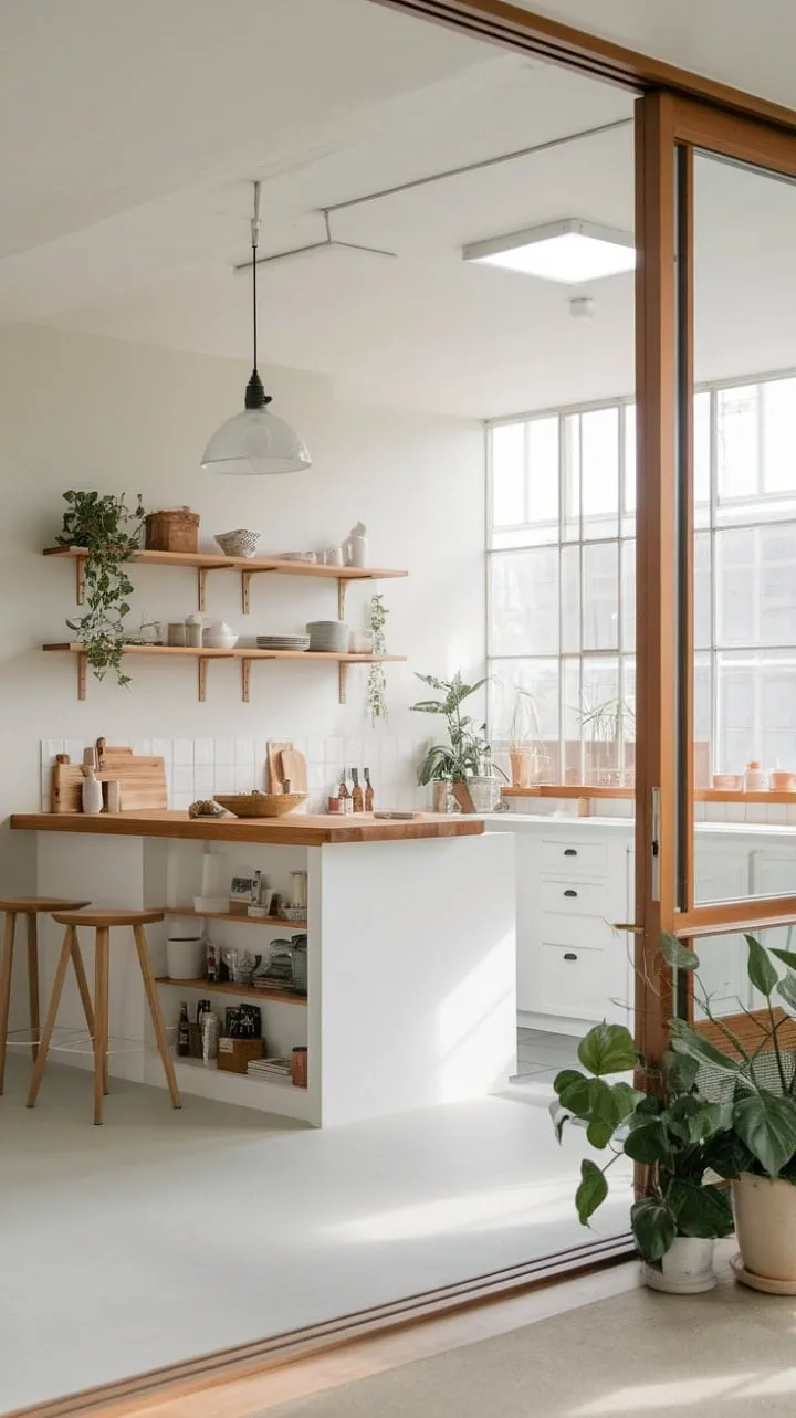 Bathed in sunlight, this Japandi-inspired kitchen blends warm wood tones with crisp whites and lush greenery, creating a serene and elegant culinary retreat.