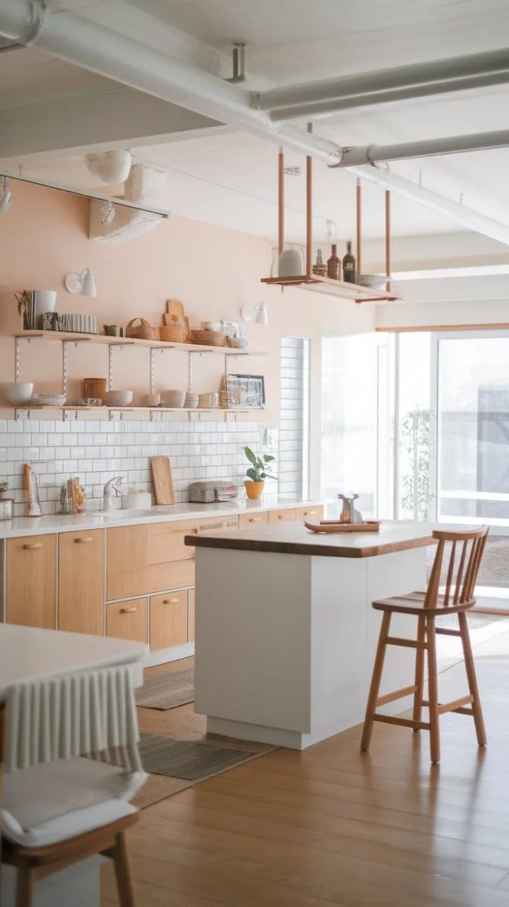 Bathed in sunlight, this serene Japandi kitchen harmoniously combines warm wood and sleek white surfaces, creating an inviting space for both culinary creativity and conversation.