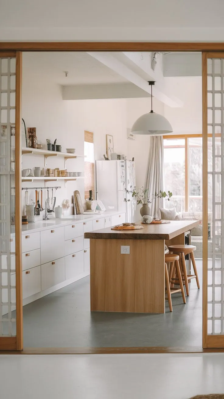 Clean lines and natural light define this Japandi-inspired kitchen, blending Korean and Japanese aesthetics in a modern New Zealand home. The warmth of the wooden island contrasts beautifully with the crisp white cabinetry, creating a serene and functional space that seamlessly flows into the living area. A sense of calm pervades, reflecting the minimalist spirit of the design.