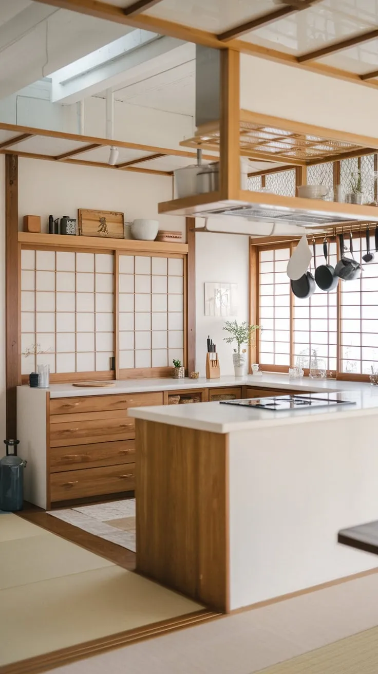 Where modern minimalism meets the serene spirit of Japan and Korea. The warm wood and crisp white create a kitchen that's both functional and aesthetically pleasing, a space where culinary creativity flourishes. A perfect blend of cultures, reflected in every detail, from the shoji screen to the thoughtfully designed hanging pot rack.
