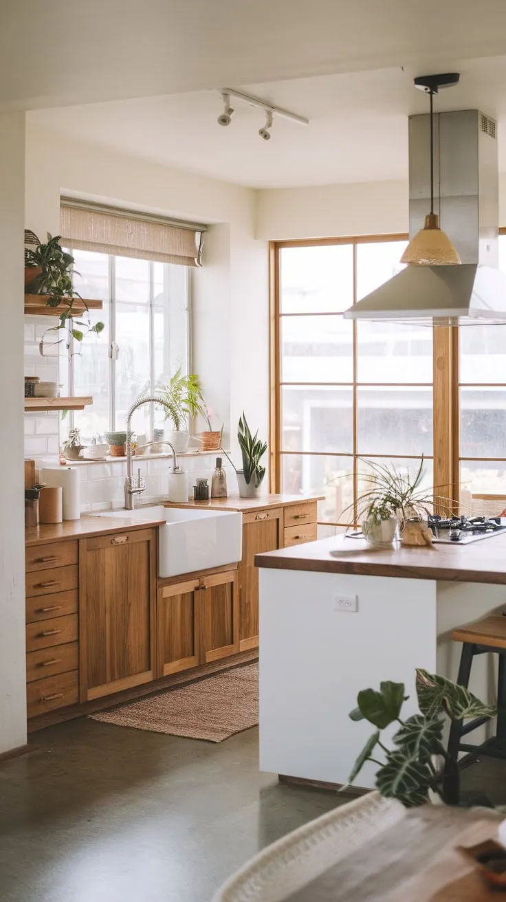 Sunlight streams through the large windows, illuminating the serene beauty of this Japandi-inspired kitchen. Warm wood tones meet crisp white surfaces, creating a space that's both functional and aesthetically pleasing. The carefully chosen details, from the Japanese-style sink to the lush greenery, contribute to a calming and inviting atmosphere. A perfect blend of minimalist design and natural warmth.