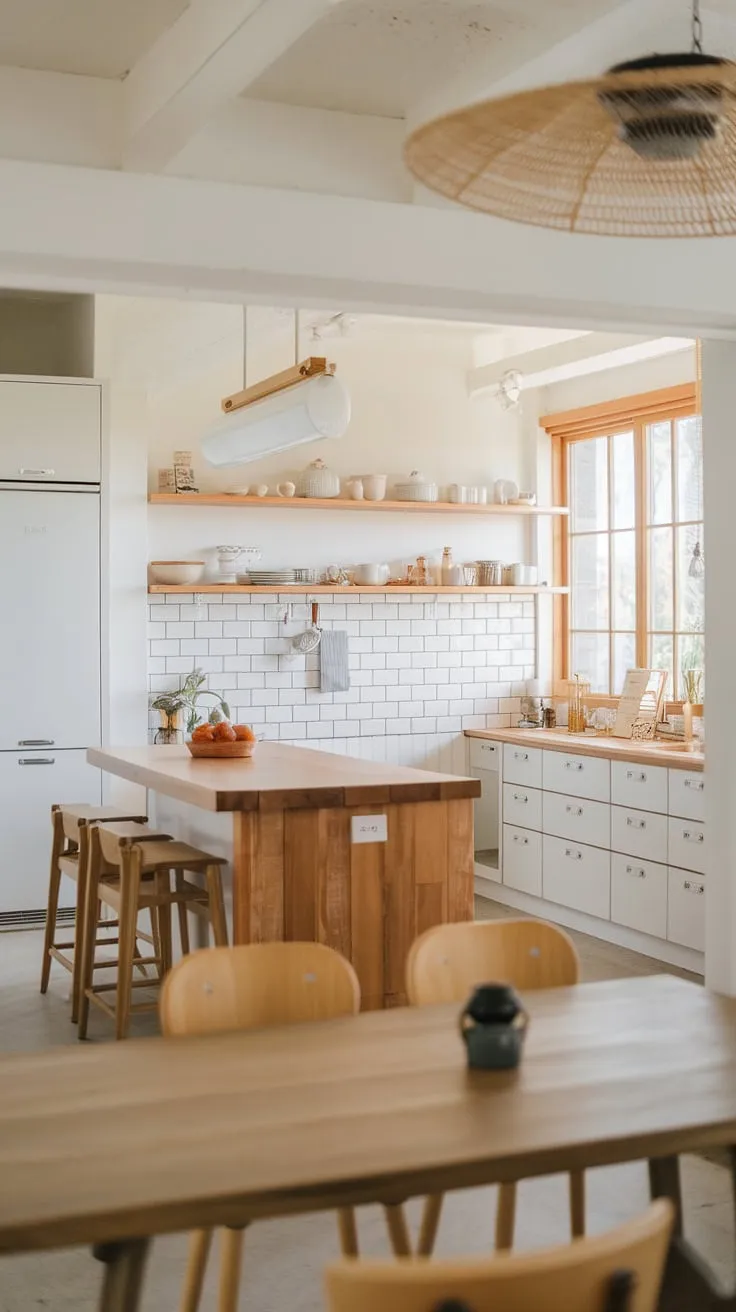 Light floods this serene Japandi kitchen, where the warmth of natural wood perfectly complements the clean lines of white cabinetry. A minimalist aesthetic reigns, creating a space that's both functional and utterly calming. A perfect blend of Japanese and Scandinavian design principles results in a kitchen that feels both modern and timeless.