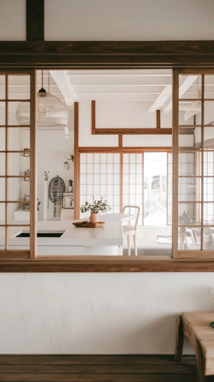 A harmonious blend of Japanese and Scandinavian design principles defines this open kitchen. The soft, white palette is punctuated by warm wood tones, creating a space that feels both airy and cozy. Large windows flood the room with natural light, enhancing the sense of calm and tranquility.