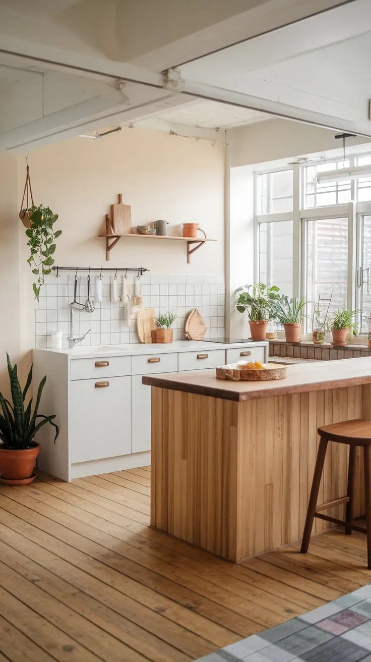 This modern Japandi kitchen is a sanctuary of calm. The blend of natural wood and crisp white creates a harmonious space, perfectly complemented by the soft light and lush greenery. A feeling of tranquility washes over you as you imagine yourself preparing meals in this beautifully designed room.