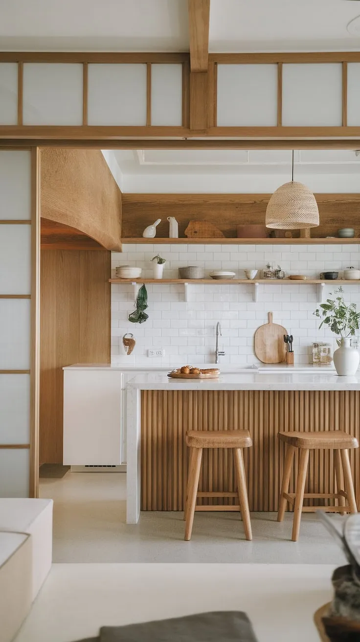 Clean lines and natural light define this Japandi kitchen, a harmonious blend of Korean and Japanese design elements nestled in a New Zealand home. The minimalist aesthetic, achieved through a thoughtful use of wood and white, creates a space that's both calming and incredibly functional. A perfect example of how subtle details can elevate a space.