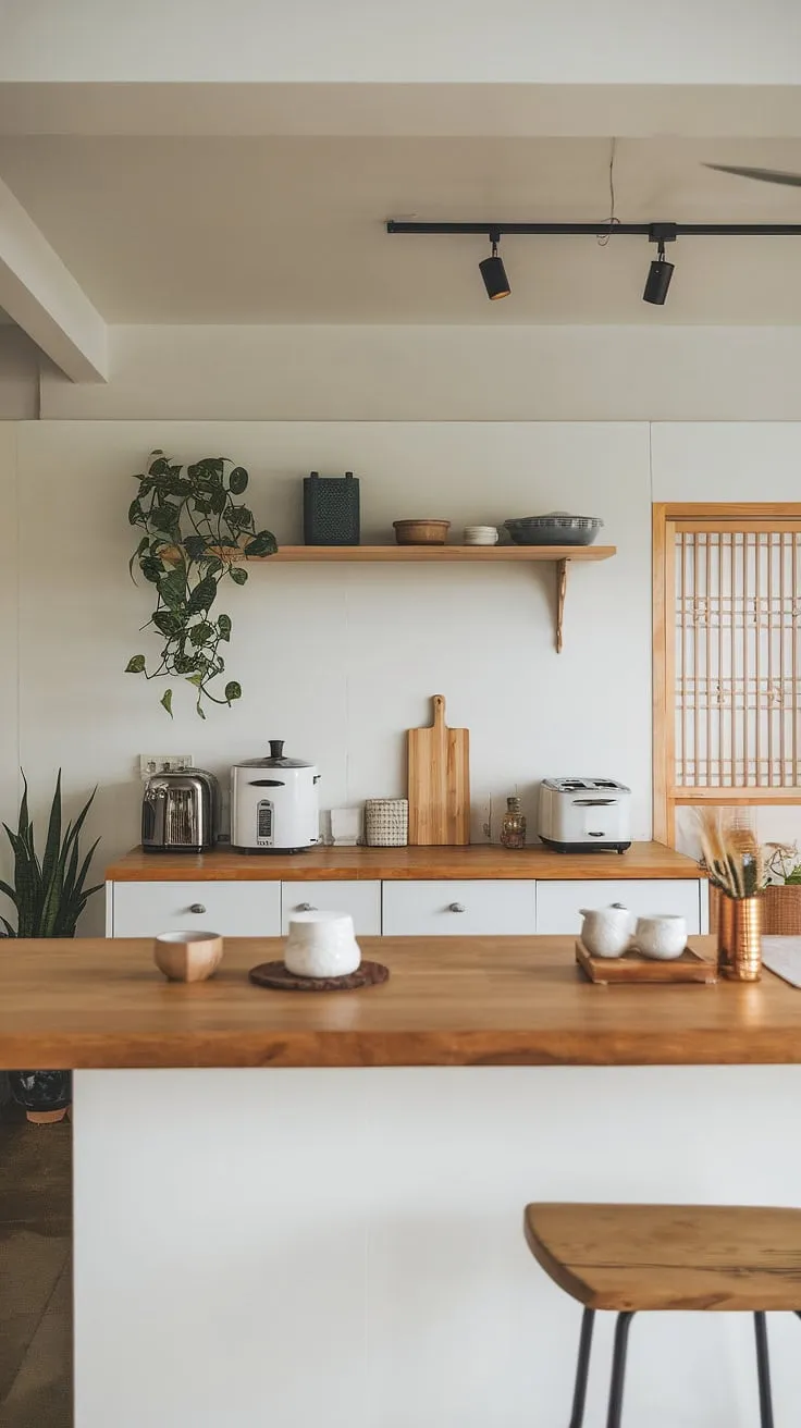 Where minimalist design meets culinary heart. This kitchen, with its blend of Japanese and Korean influences, seamlessly unites clean white cabinetry with warm wood tones, creating a space as inviting as it is functional. The carefully chosen appliances, from the rice cooker to the sleek toaster, speak to a dedication to both form and function. A perfect harmony of aesthetics and practicality.