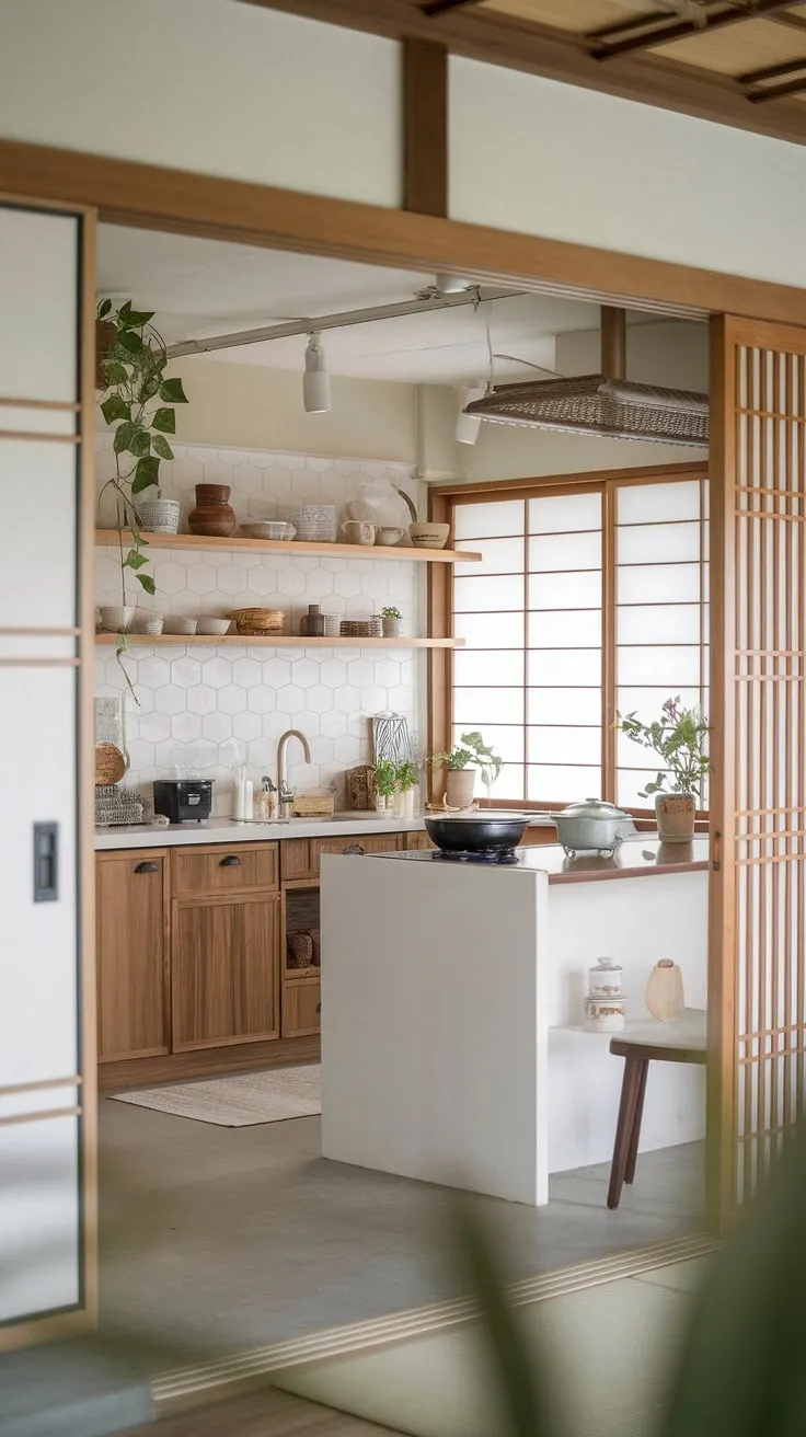 Where modern minimalism meets the warmth of Japanese and Korean aesthetics. The clean lines and light wood cabinetry create a serene cooking space, enhanced by subtle details like the rice cooker and the shoji-style sliding door. A perfect blend of cultures and design.