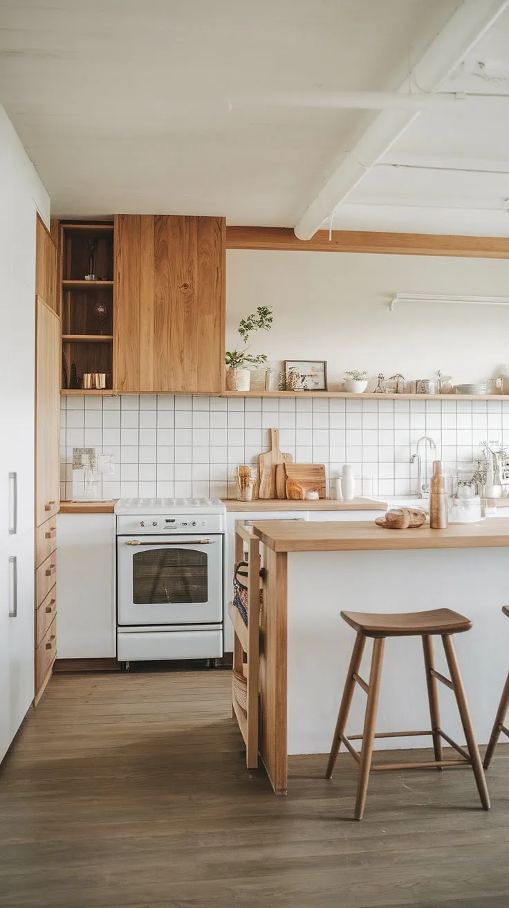 Light floods this serene Japandi kitchen, where the warmth of natural wood cabinetry and island counter perfectly complements the clean lines of white appliances. A minimalist aesthetic reigns, creating a space that's both functional and utterly calming. A perfect blend of Japanese and Scandinavian design principles.