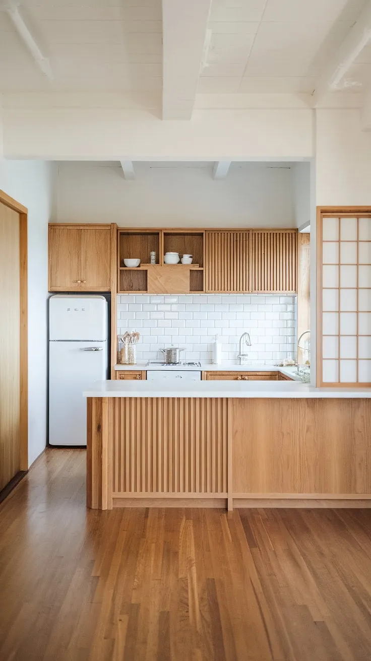 Sunlight streams into this serene Japandi kitchen, highlighting the warm wood tones of the island and cabinetry. The minimalist aesthetic, punctuated by clean white surfaces, creates a space that's both functional and effortlessly stylish. A perfect blend of Japanese and Scandinavian design principles, it's a kitchen where culinary creativity thrives.