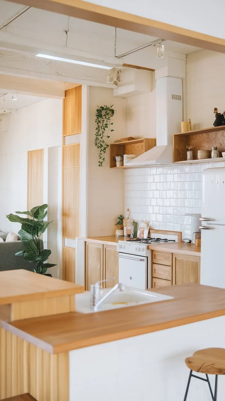 A harmonious blend of Japanese and Scandinavian aesthetics. This open-plan kitchen showcases the beauty of natural wood and clean white lines, creating a space that is both stylish and incredibly functional. The soft lighting and thoughtful placement of plants complete the tranquil ambiance.