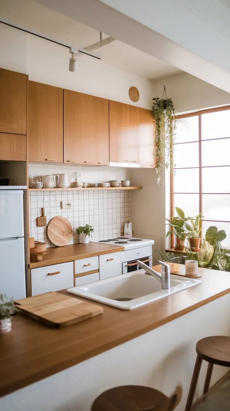 This modern Japandi kitchen is a sanctuary of calm. The soft, natural light enhances the interplay of light wood and crisp white, creating a space that is both stylish and functional. The thoughtfully designed island, complete with a built-in sink, is the heart of this beautifully appointed kitchen, a testament to understated elegance.
