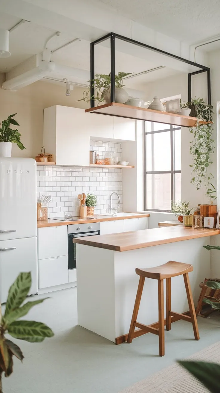 Clean lines and natural light define this airy Japandi kitchen. The wooden accents, from the stool to the floating shelf, bring warmth and texture to the space, creating a haven of calm and functionality. A minimalist dream, effortlessly stylish.