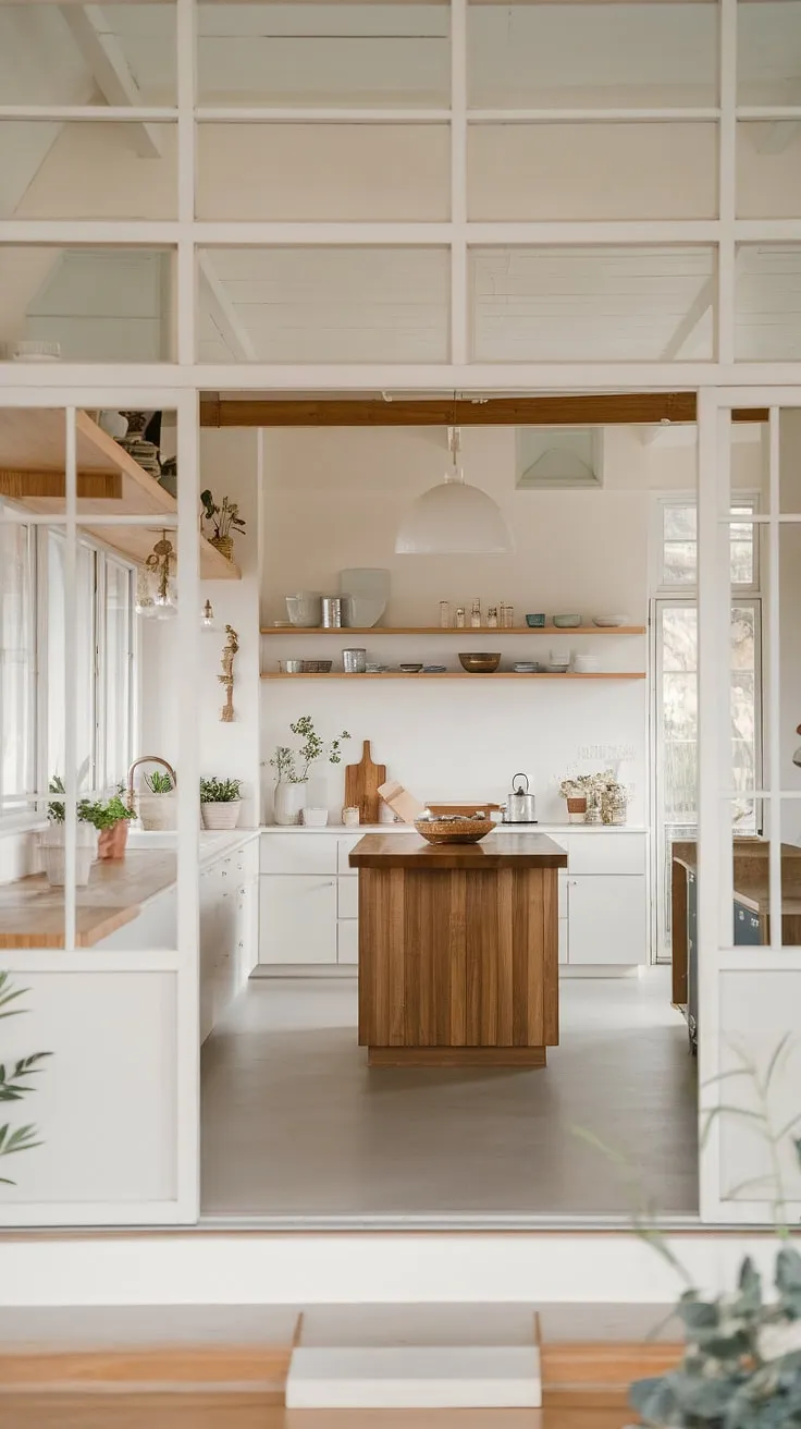 Sunlight streams into this serene Japandi kitchen, where the warmth of natural wood perfectly complements the clean lines of white cabinetry. The open layout and minimalist design create a space that's both functional and aesthetically pleasing. A sense of calm pervades, making this the heart of a truly tranquil home.