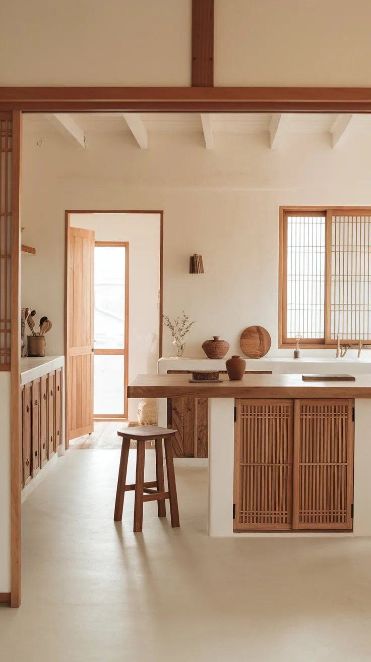 Warm light spills across the serene lines of this Japanese and Korean-inspired kitchen. The minimalist design, featuring a white countertop and wooden island, creates a space that feels both calming and functional. A simple wooden stool and a single pot hint at the quiet joy of home cooking. This is where culinary artistry meets peaceful contemplation. A sense of understated elegance pervades every detail.