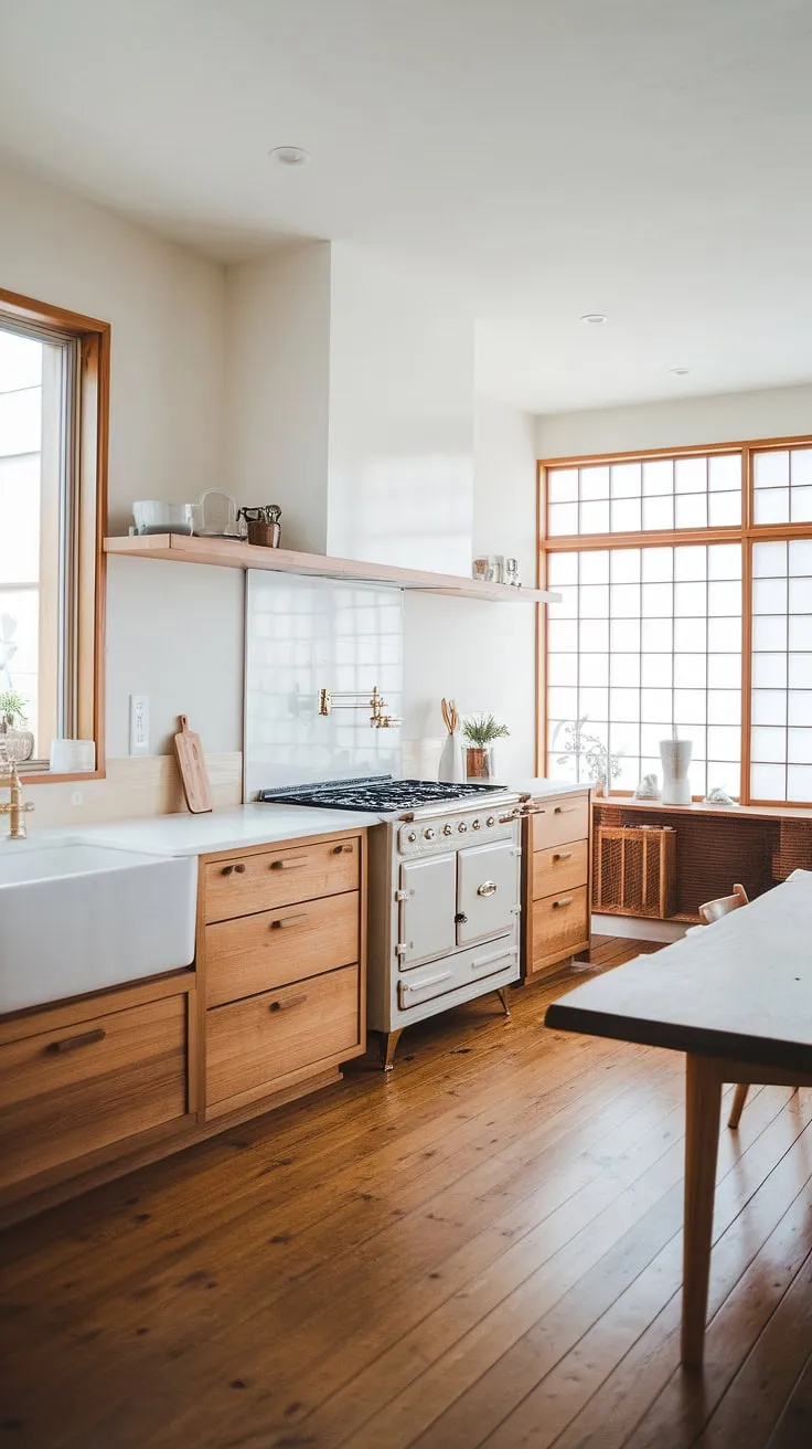 This modern Japandi kitchen seamlessly blends functionality and beauty. The natural wood elements, including the dining table and Japanese-style stove, create a warm and inviting atmosphere, while the clean white surfaces maintain a sense of calm and spaciousness. A perfect example of understated elegance.
