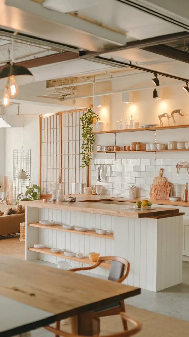 A harmonious blend of Japanese and Scandinavian aesthetics defines this open-plan kitchen. The natural wood elements, paired with crisp white cabinetry and a thoughtfully curated living space, result in a tranquil and effortlessly stylish home environment. The soft lighting and rustic touches add a layer of warmth and personality.