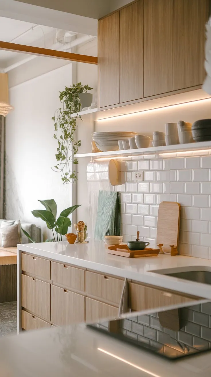 Serene simplicity meets modern functionality in this Japandi-inspired kitchen. The warm wood tones and clean white surfaces create a calming atmosphere, perfectly complemented by subtle Japanese accents and the soft glow of natural light. A perfect blend of minimalist design and understated elegance.