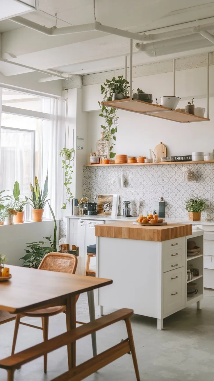 This modern Japandi kitchen is a sanctuary of calm and style. The natural wood elements, paired with crisp white surfaces and a subtly patterned tile backsplash, create a harmonious and inviting atmosphere. The spacious island with its butcher block countertop is perfect for both meal prep and casual dining, while the potted plants add a touch of life and serenity. A truly inspiring space.