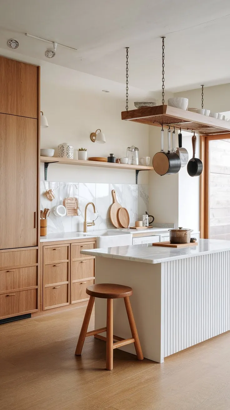 Where minimalist Japanese design meets the warmth of Korean aesthetics. This Japandi kitchen, with its clean lines, natural wood, and calming white palette, is a sanctuary for culinary creativity. The carefully curated details, from the hanging pot rack to the marble island, create a space that is both functional and exquisitely serene.