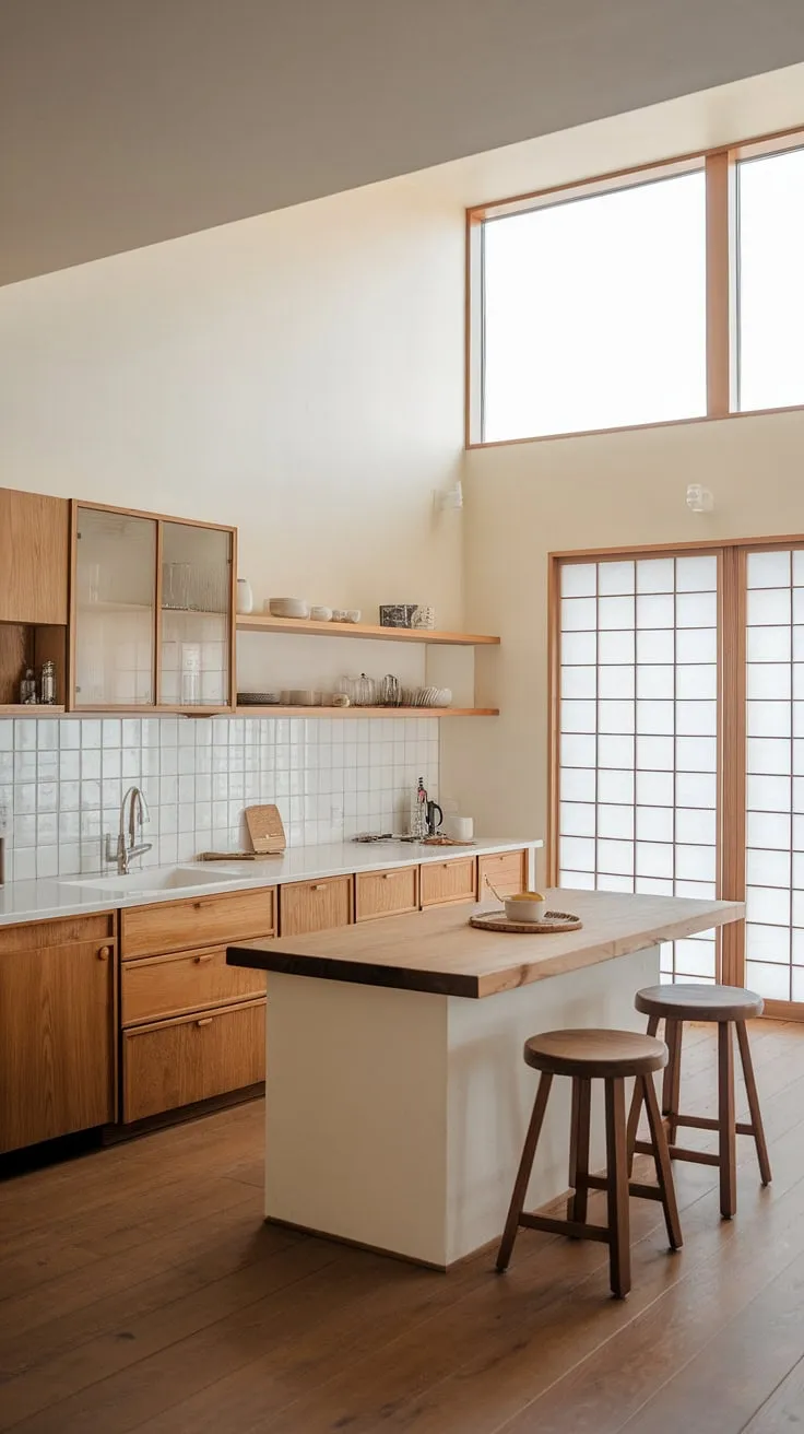 This modern kitchen seamlessly blends Japanese design principles with contemporary aesthetics. The natural wood tones, white accents, and ample natural light from the high window create a tranquil and inviting atmosphere. A space where functionality meets understated elegance.