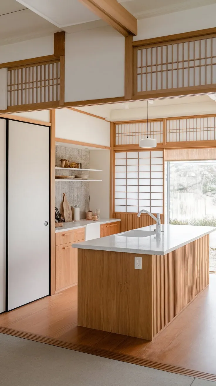 Sunlight dances across the white countertops and warm wood of this stunning New Zealand kitchen. Inspired by Japanese and Korean design principles, the space effortlessly blends modern functionality with a tranquil atmosphere. The shoji screen provides a subtle yet impactful design element, while the open layout and abundant natural light create a feeling of airy spaciousness. A perfect example of understated elegance.