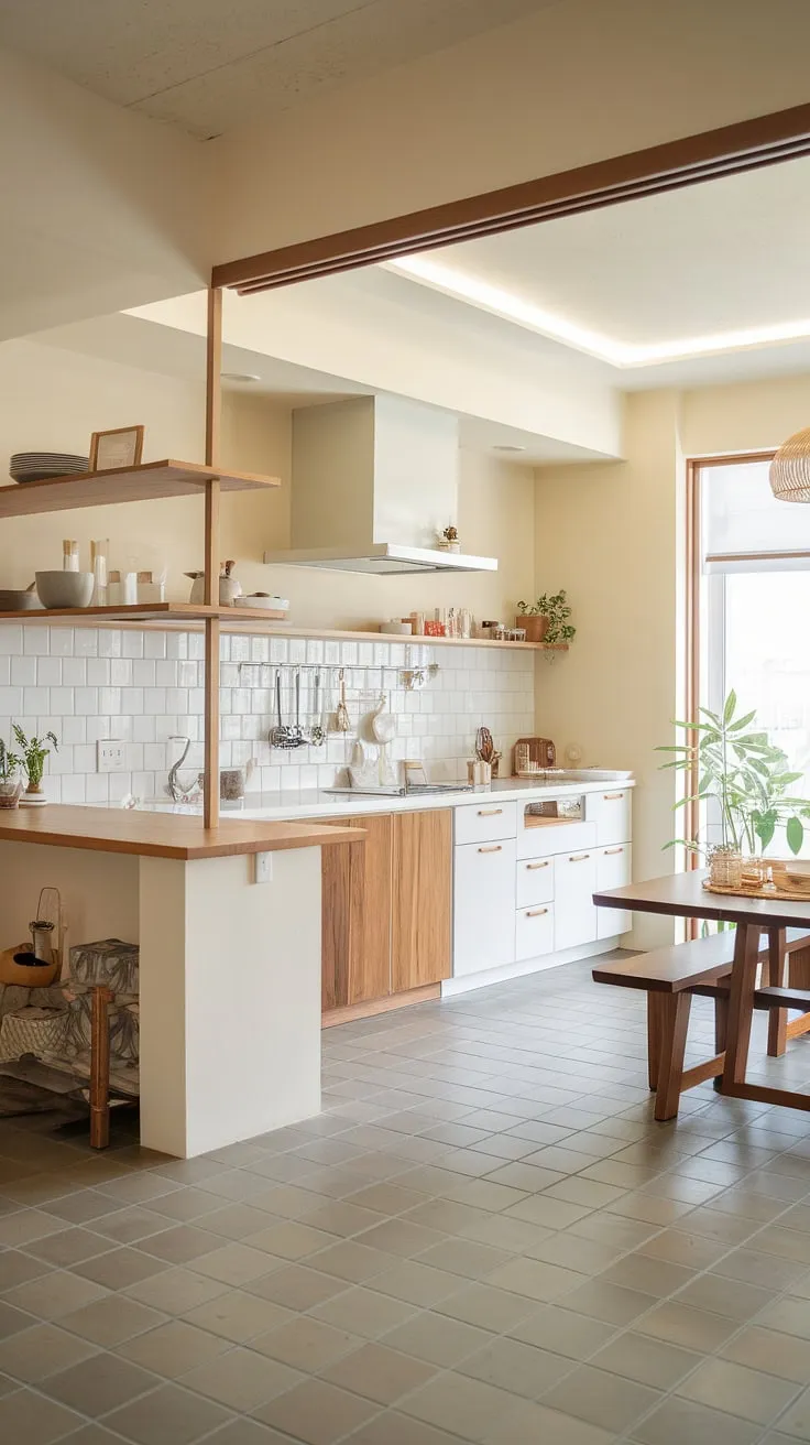 This modern kitchen seamlessly blends Japandi design principles with a soft, inviting atmosphere. The interplay of light wood and crisp white creates a balanced and harmonious space, perfect for both preparing meals and enjoying quiet moments. A simple potted plant adds a touch of life to the minimalist setting.
