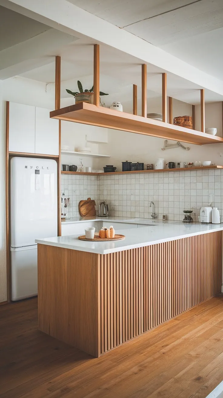 Light floods this serene Japandi kitchen, where clean white lines meet the warmth of natural wood, creating a space that's both minimalist and inviting. The blend of Korean and Japanese influences is subtly present in the details, resulting in a calming and functional heart of the home.
