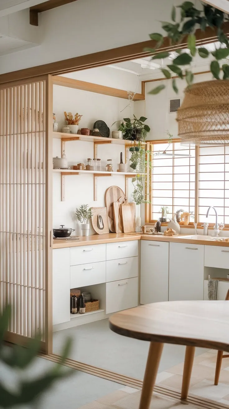 Where minimalist Japanese design meets Scandinavian functionality, creating a serene and effortlessly stylish kitchen. The warm wood tones and clean white surfaces, complemented by natural light and lush greenery, offer a tranquil space for culinary creativity and mindful moments. This Japandi-inspired haven is a testament to the beauty of simplicity.