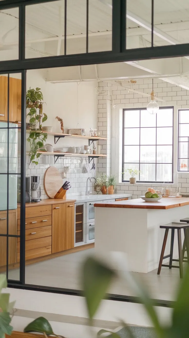 A harmonious blend of Scandinavian simplicity and Japanese wabi-sabi. This open-plan kitchen showcases the beauty of natural materials, with its light wood cabinetry and white island creating a bright and airy atmosphere. The subtle Japanese elements, such as the white brick wall, add a touch of understated elegance. A truly inspiring space for culinary creativity.