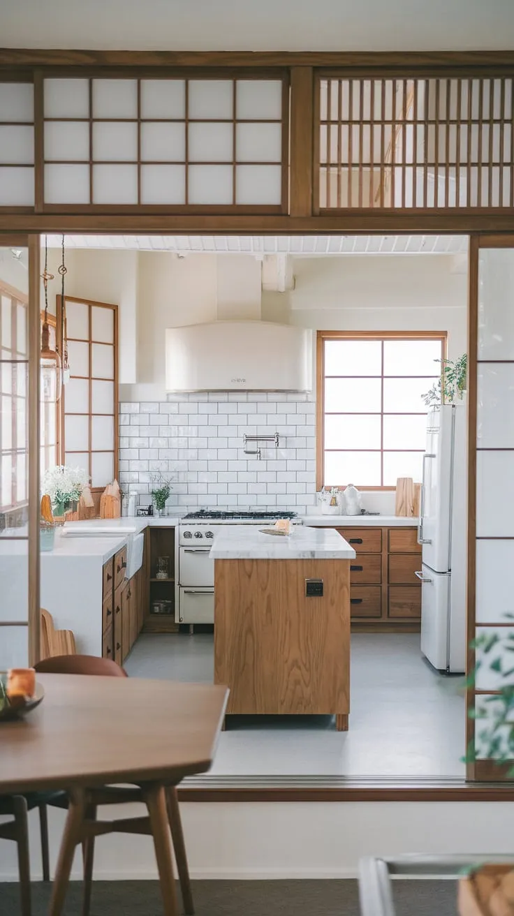 Sunlight streams into this serene Japandi kitchen, where minimalist white cabinetry and warm wood accents create a harmonious blend of Japanese and Scandinavian design. The spacious island, topped with cool marble, anchors the heart of the home, effortlessly blending functionality with understated elegance.