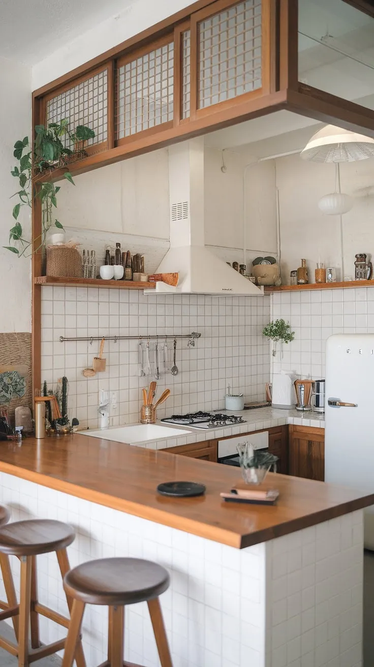 Light floods this airy Japandi kitchen, where the warmth of natural wood cabinetry and countertops meets the clean lines of white appliances and a subtly patterned backsplash. A touch of greenery adds life to this serene and functional space. A perfect blend of minimalist design and organic textures creates a calming culinary haven.