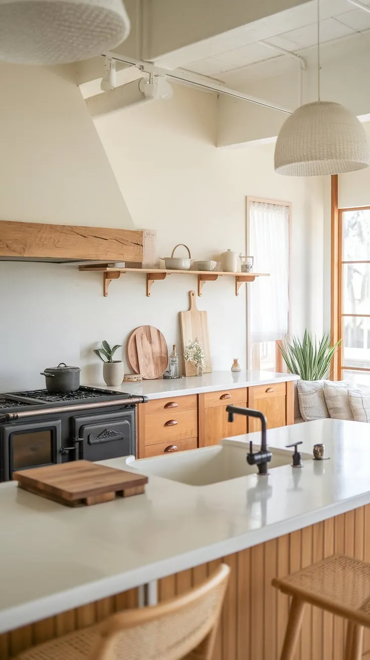 This airy open-plan kitchen embodies the essence of Japandi design. Natural light dances across the white countertops and warm wooden cabinetry, creating a tranquil and sophisticated space. The inclusion of a wood-burning stove adds a cozy focal point, while the carefully chosen textiles and wooden cutting board complete the understated elegance. A haven of calm amidst the everyday.
