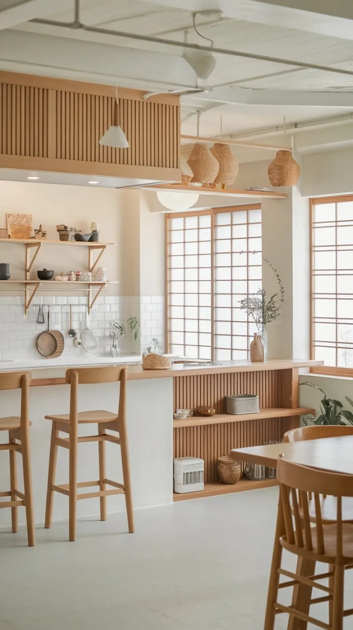 This serene Japandi kitchen harmoniously blends warm wood and crisp white, creating a minimalist sanctuary that invites mindfulness and effortless entertaining.