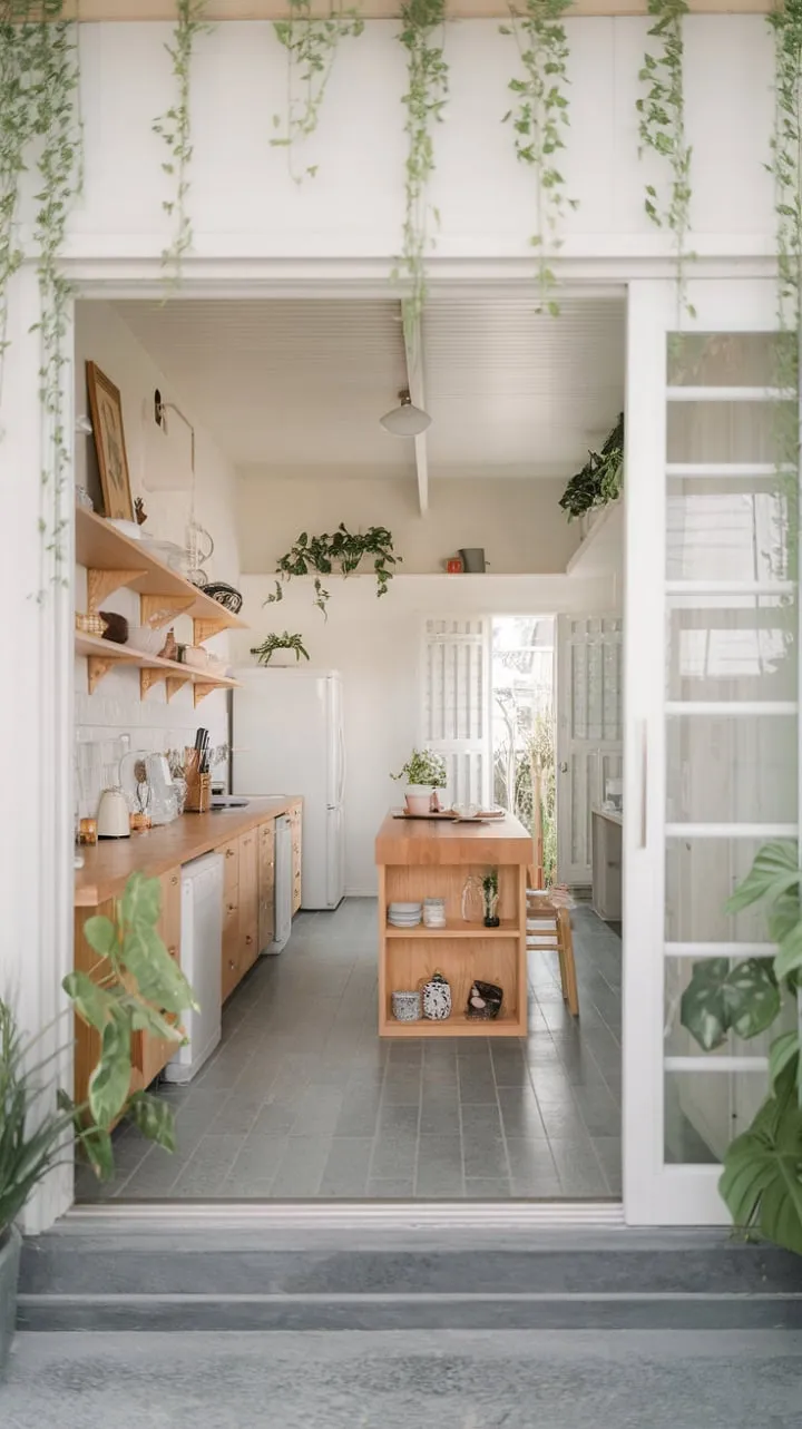 This serene Japandi kitchen harmoniously combines natural light, warm wooden elements, and a splash of vibrant green for a tranquil yet functional space.