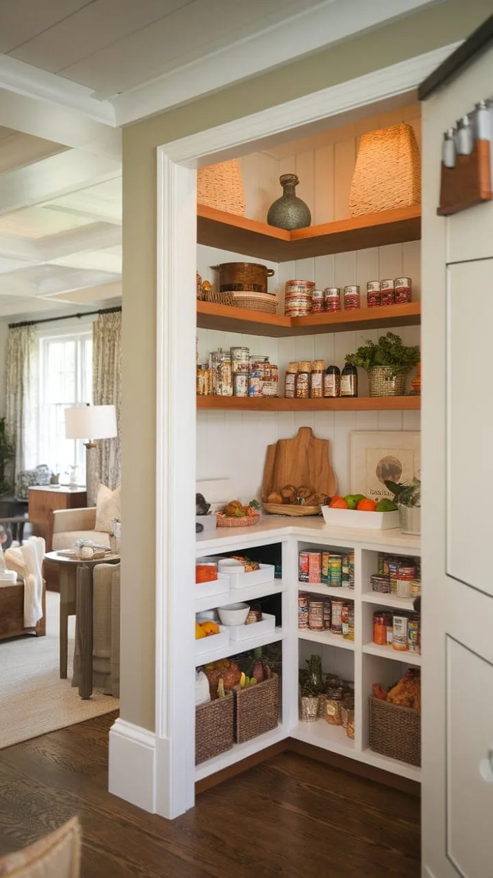 This pantry beautifully combines rustic French country charm with modern organization, showcasing a curated collection of culinary delights that enhances the inviting ambiance of the home.