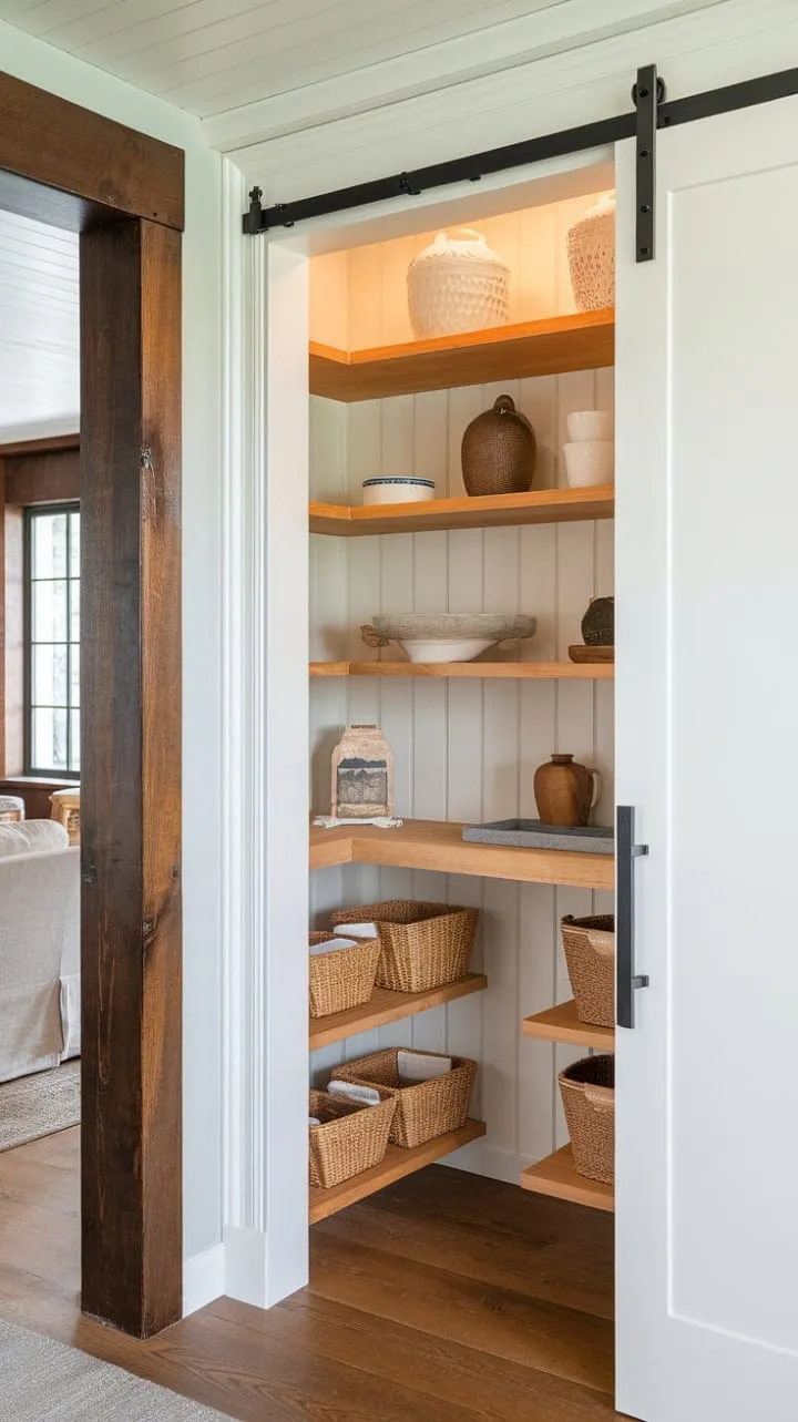 This enchanting French-inspired pantry beautifully complements a Nancy Meyers-esque living room, showcasing the elegance of traditional craftsmanship and delicate design contrasts.