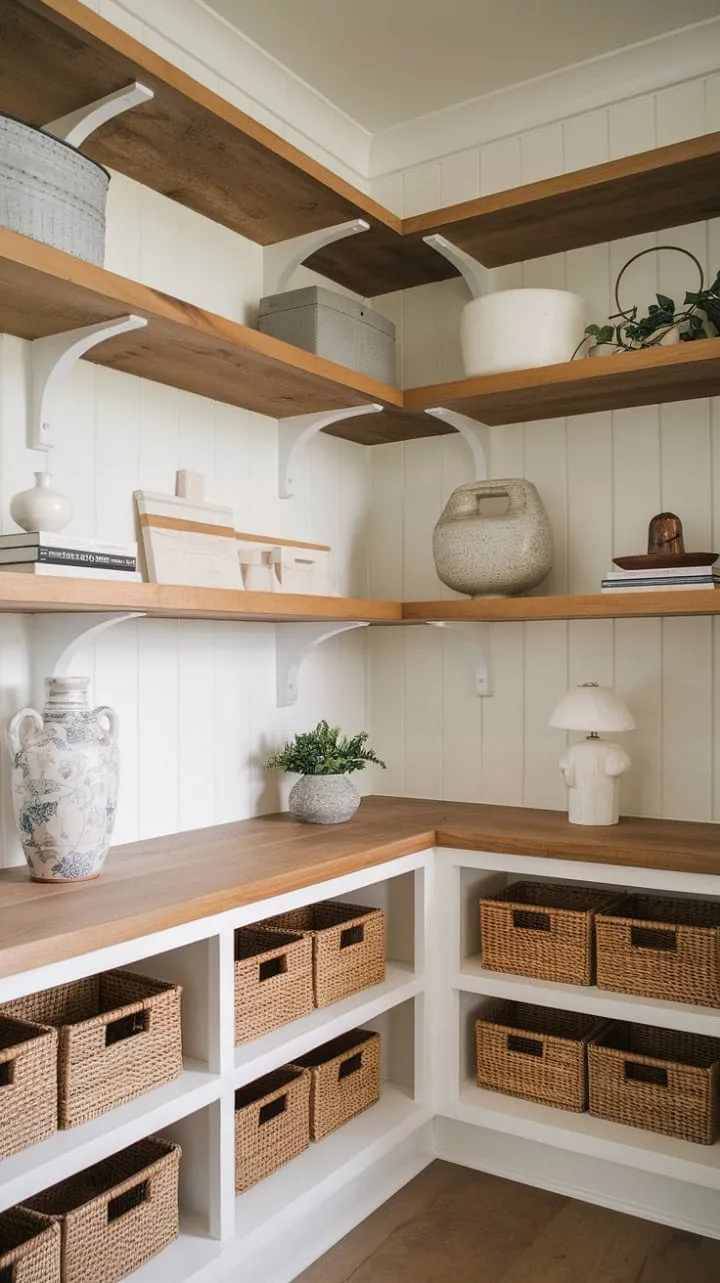 This beautifully crafted pantry blends French country charm with Craftsman style, showcasing warm wood tones and crisp whites for a serene and functional retreat.