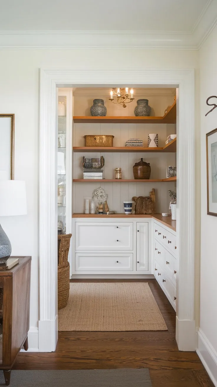 Step into this charming pantry, a perfect blend of French country and craftsman details, seamlessly integrated into a traditional living space. The wood and white palette evokes a timeless Nancy Meyers aesthetic, creating a space as inviting as it is functional. A true testament to thoughtful design.