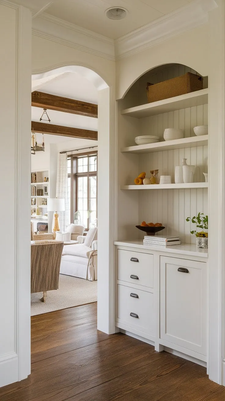 This meticulously designed pantry, a haven of French-inspired craftsmanship, seamlessly integrates with the airy, Nancy Meyers-esque living space. The wood and white color scheme, a hallmark of refined style, creates a calming atmosphere. A testament to the power of thoughtful design in creating a home that feels both inviting and sophisticated.