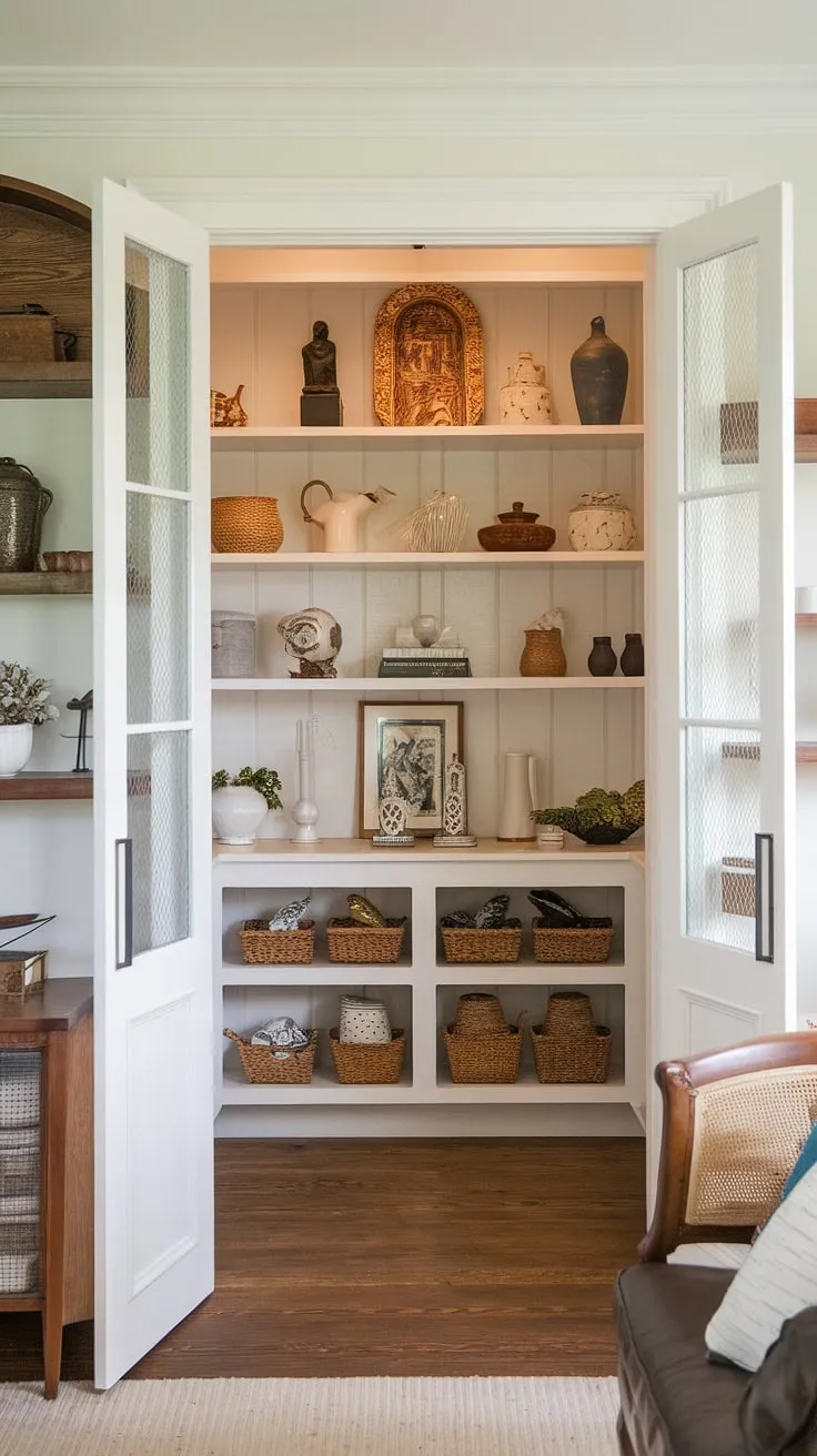 This Nancy Meyers-inspired living room seamlessly flows into a meticulously crafted pantry. The French country influences are evident in the delicate details and thoughtful arrangement, while the craftsman elements add a touch of warmth and rustic elegance. A space where functionality meets refined style.