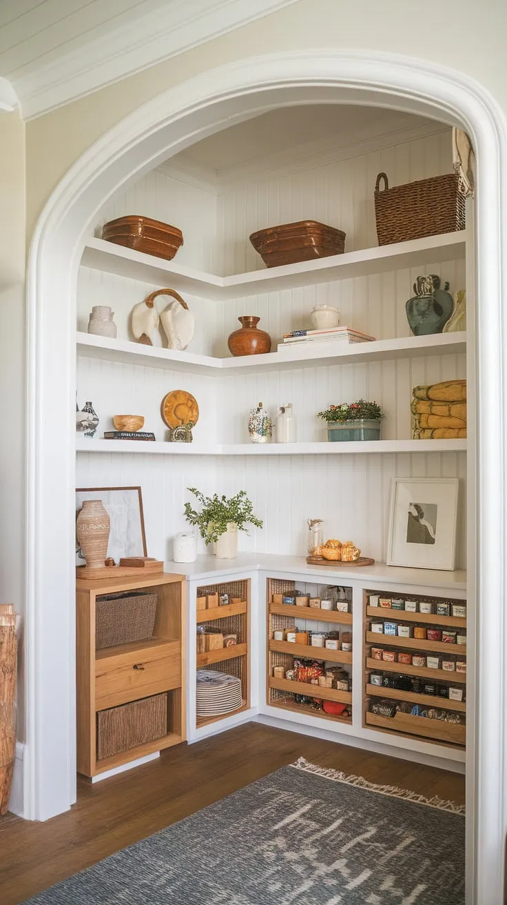 This meticulously crafted pantry, a harmonious fusion of French-inspired elegance and traditional craftsman style, seamlessly integrates into the Nancy Meyers-esque living space. The wood and white palette creates a calming atmosphere, a sanctuary of order and understated luxury.