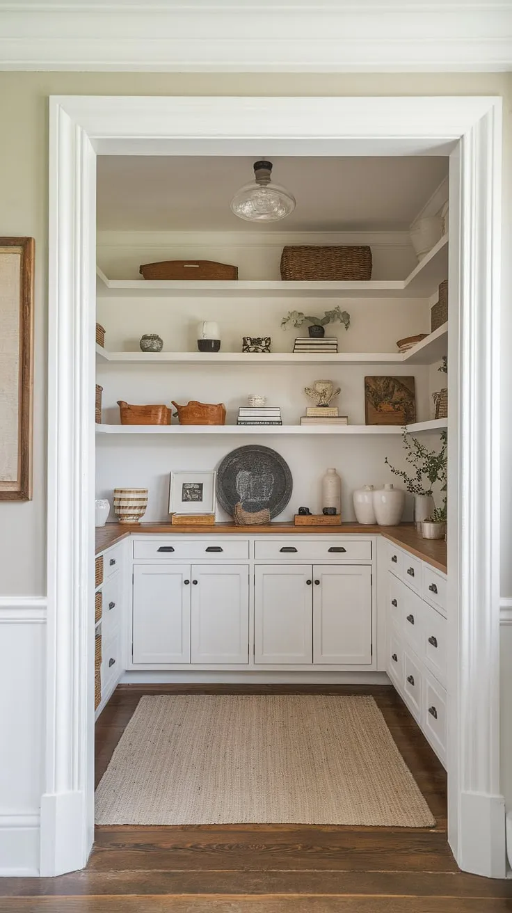 This Nancy Meyers-esque living room is elevated by a stunning pantry, showcasing a harmonious blend of French country and craftsman aesthetics. The wood and white design is both practical and beautiful, a perfect example of how thoughtful storage can enhance a home's overall style.