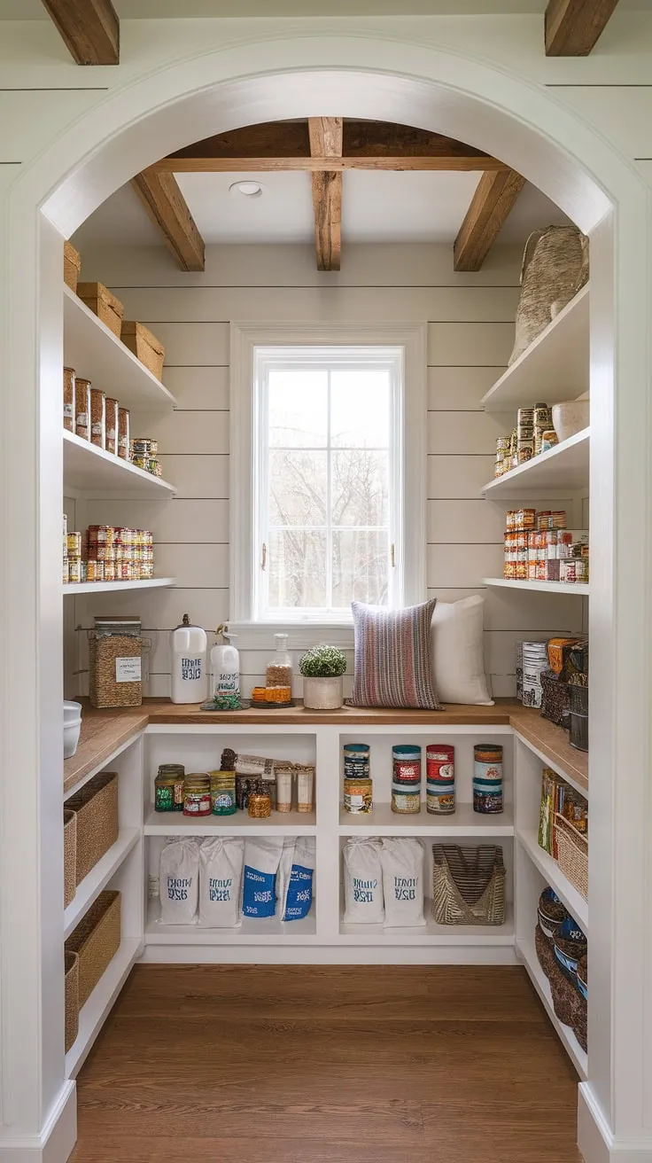 Sunlight streams through the window, illuminating the perfectly organized shelves of this charming pantry-a testament to the art of French-inspired, craftsman-style storage. The warm wood beams and white walls create a space that feels as inviting as a living room, a true Nancy Meyers-esque dream. Every jar, can, and bag of flour is thoughtfully placed, a reflection of the beauty found in everyday life. A sense of calm and order pervades, making even the mundane tasks of meal preparation feel luxurious.
